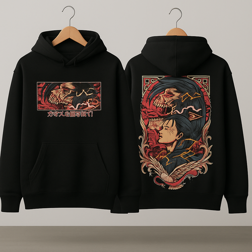 "Black oversized anime hoodie with bold red and white graphic print on the back, worn by a model. Premium streetwear winter hoodie."